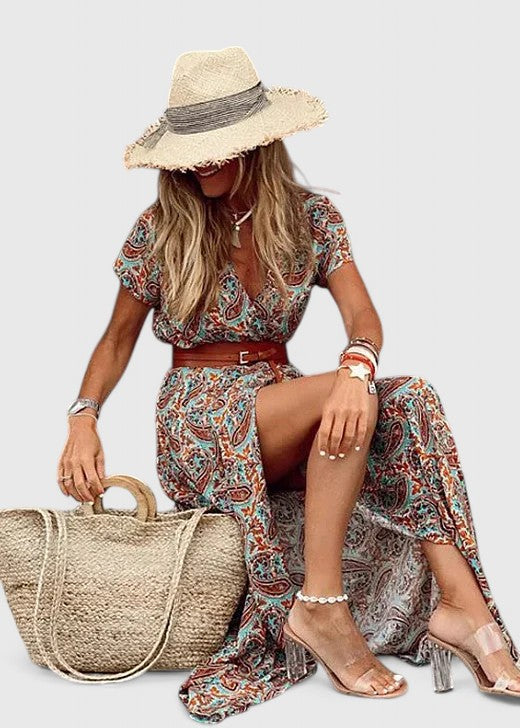 Women’s Boho Maxi Dress - Waist Tie