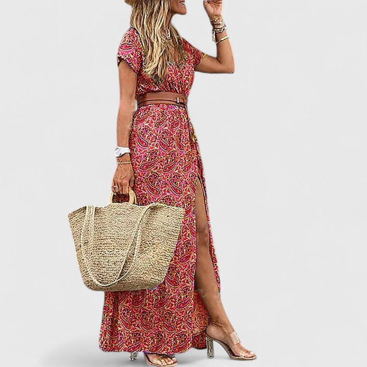 Women’s Boho Maxi Dress - Waist Tie