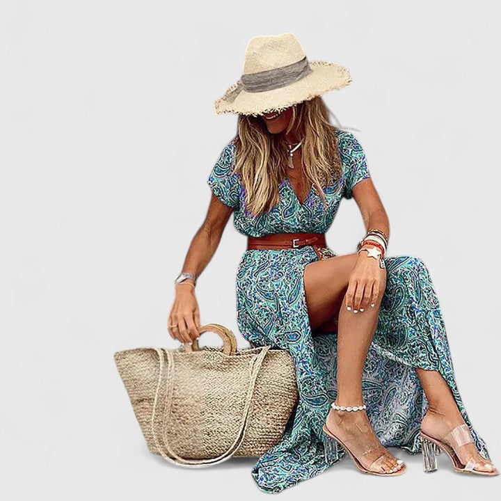 Women’s Boho Maxi Dress - Waist Tie