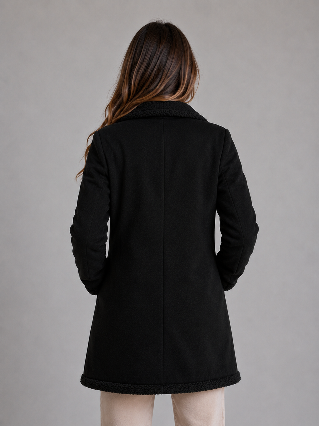 Women’s Brown Longline Coat with Plush Trim