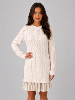 Women’s Cable Knit Dress with Pleated Hem