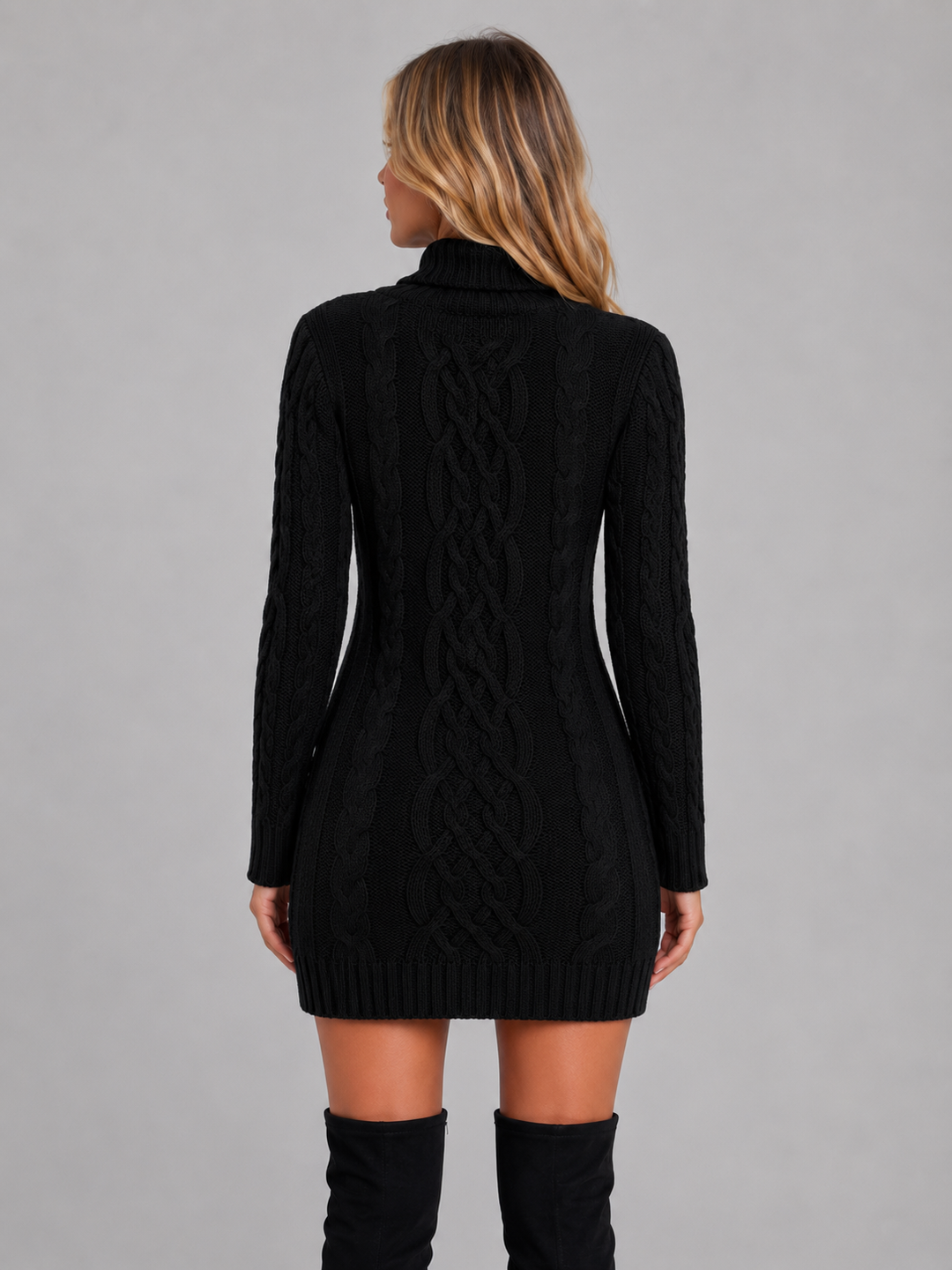 Women's Cable Knit Dress with Roll Neck