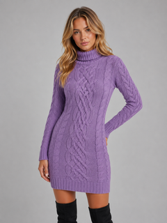 Women's Cable Knit Dress with Roll Neck