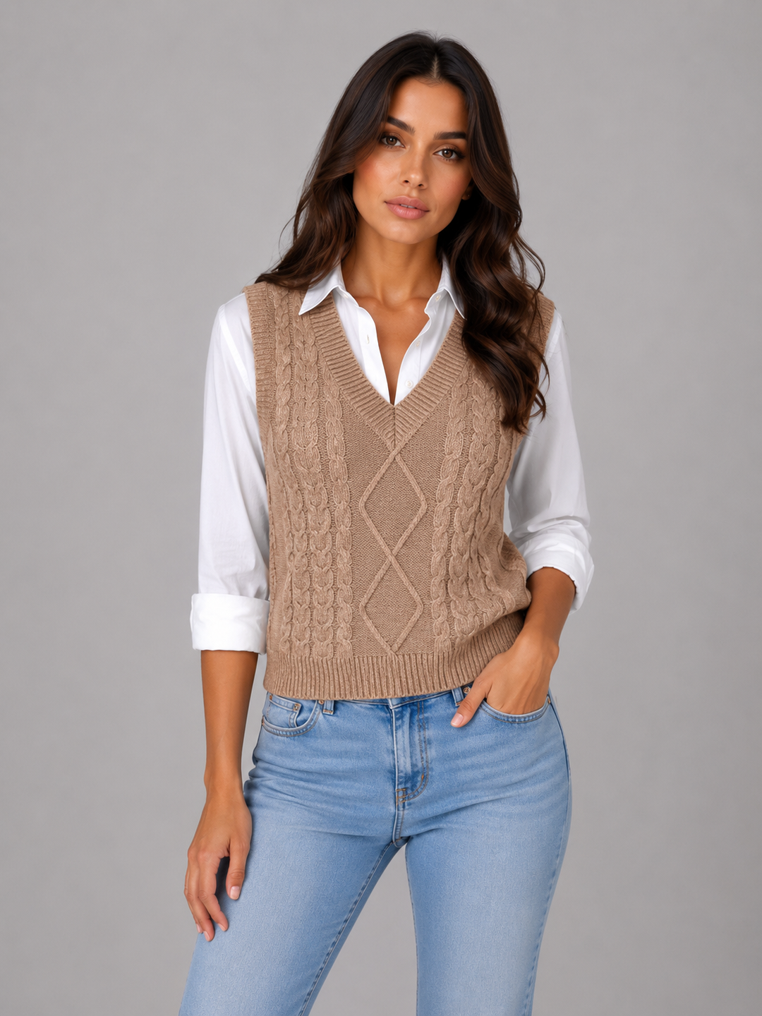 Women’s Cable Knit Sweater Vest with V-Neck