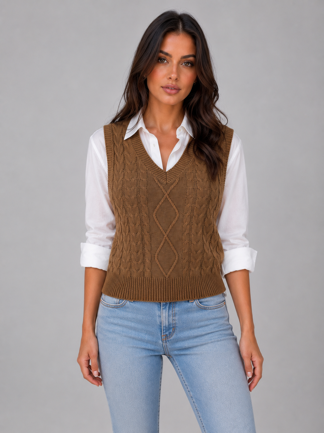 Women’s Cable Knit Sweater Vest with V-Neck