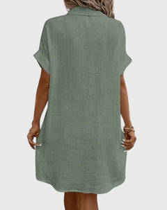 Womens Casual Cotton Gauze Shirt Dress - Short Sleeve Button-Down Midi Dress