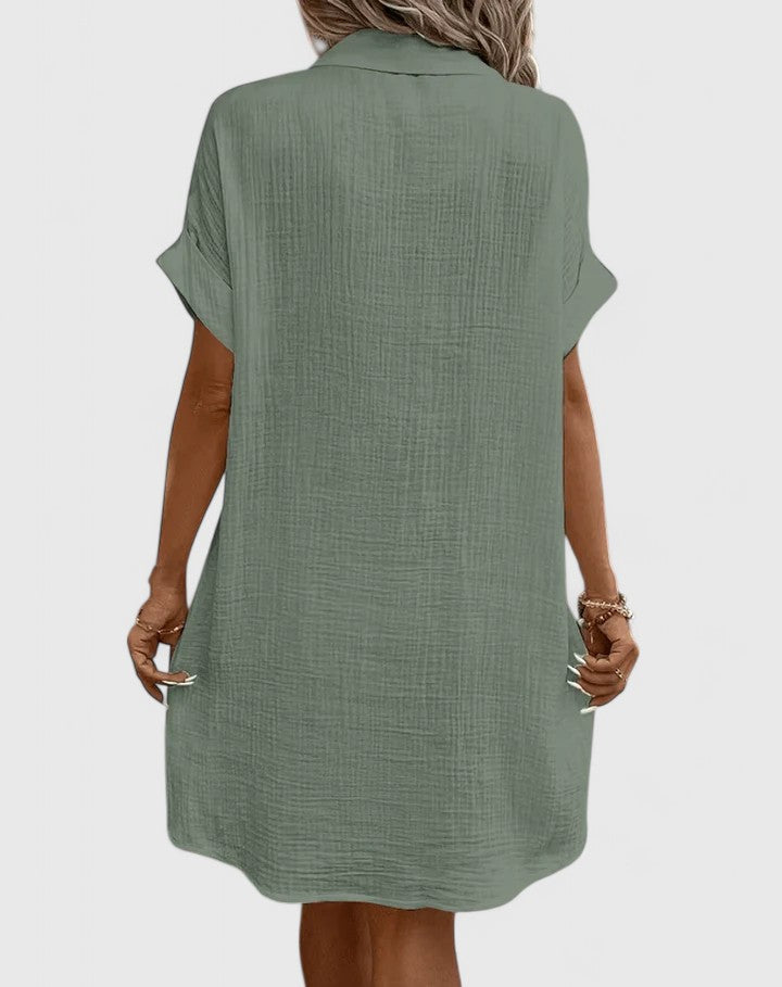 Womens Casual Cotton Gauze Shirt Dress - Short Sleeve Button-Down Midi Dress