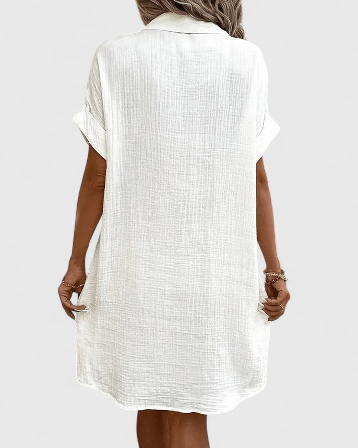 Womens Casual Cotton Gauze Shirt Dress - Short Sleeve Button-Down Midi Dress