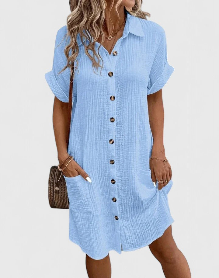 Womens Casual Cotton Gauze Shirt Dress - Short Sleeve Button-Down Midi Dress