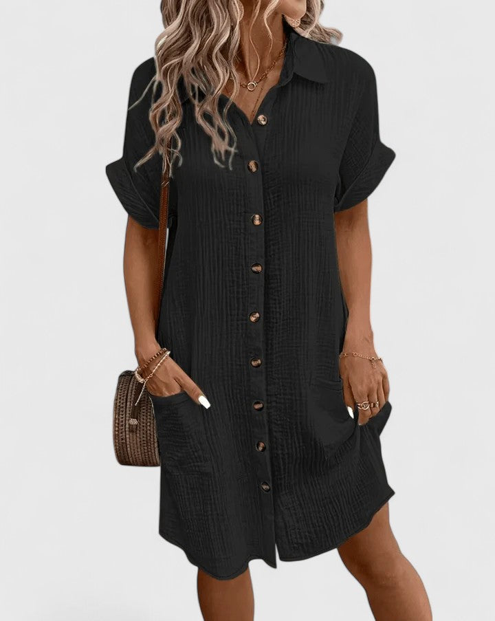Womens Casual Cotton Gauze Shirt Dress - Short Sleeve Button-Down Midi Dress