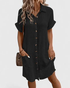 Womens Casual Cotton Gauze Shirt Dress - Short Sleeve Button-Down Midi Dress