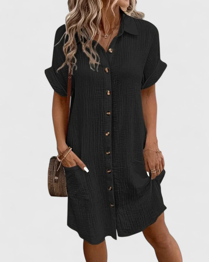 Womens Casual Cotton Gauze Shirt Dress - Short Sleeve Button-Down Midi Dress
