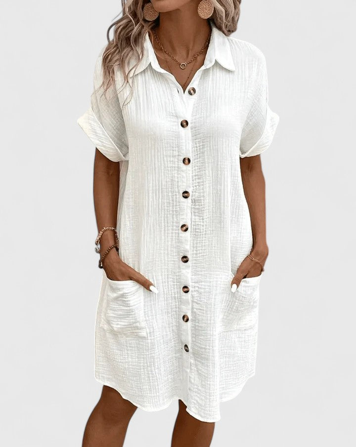 Womens Casual Cotton Gauze Shirt Dress - Short Sleeve Button-Down Midi Dress