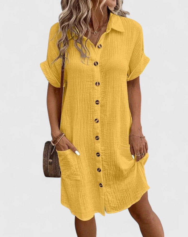 Womens Casual Cotton Gauze Shirt Dress - Short Sleeve Button-Down Midi Dress