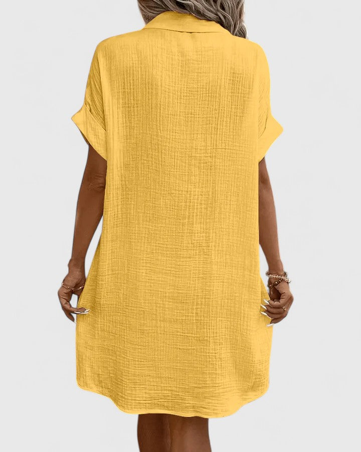Womens Casual Cotton Gauze Shirt Dress - Short Sleeve Button-Down Midi Dress