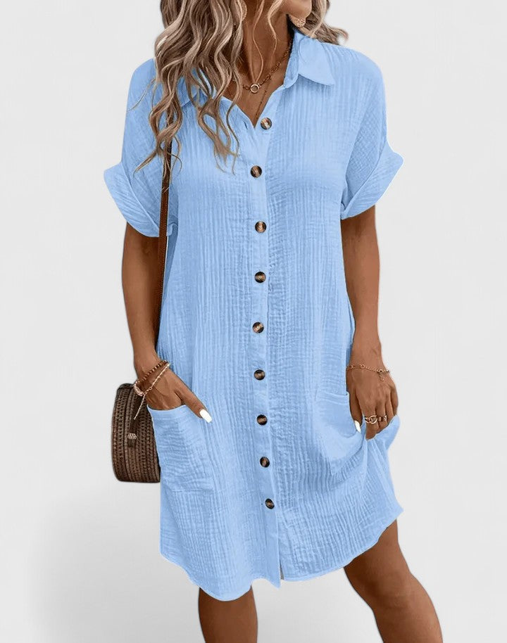 Womens Casual Cotton Gauze Shirt Dress - Short Sleeve Button-Down Midi Dress