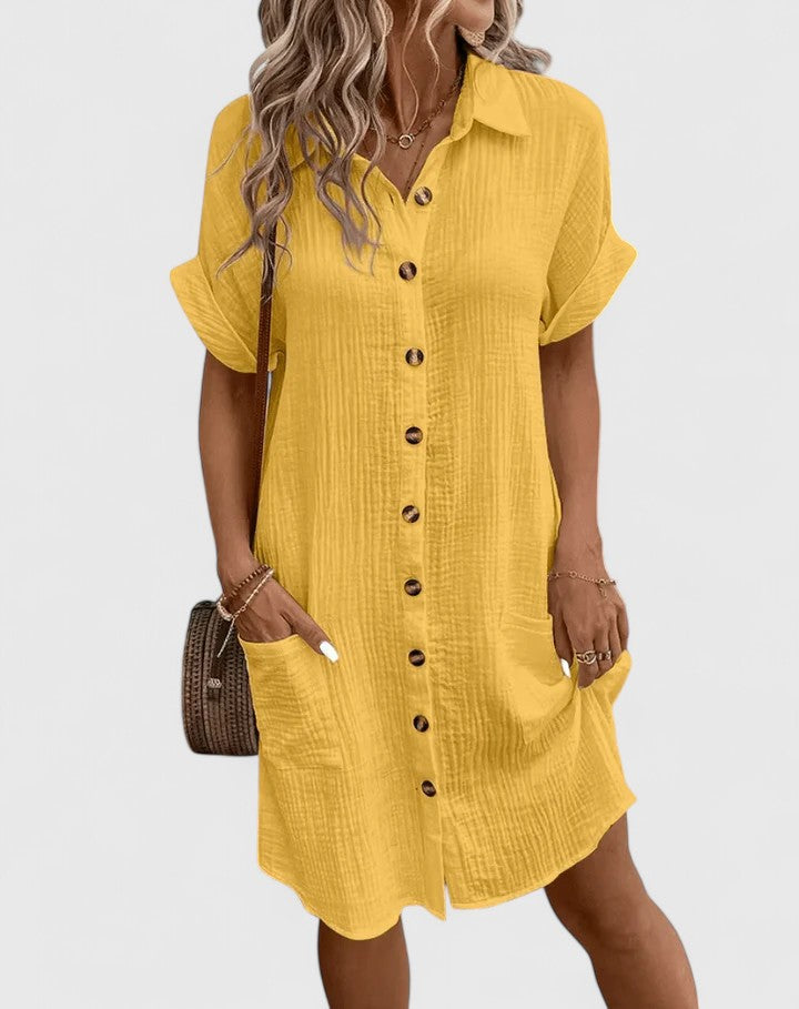 Womens Casual Cotton Gauze Shirt Dress - Short Sleeve Button-Down Midi Dress