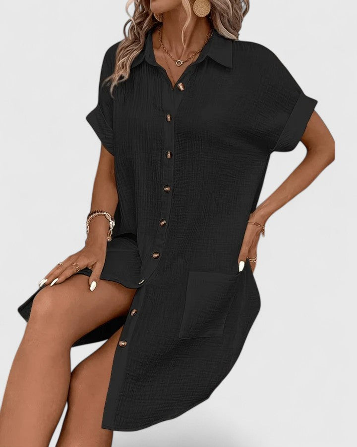 Womens Casual Cotton Gauze Shirt Dress - Short Sleeve Button-Down Midi Dress