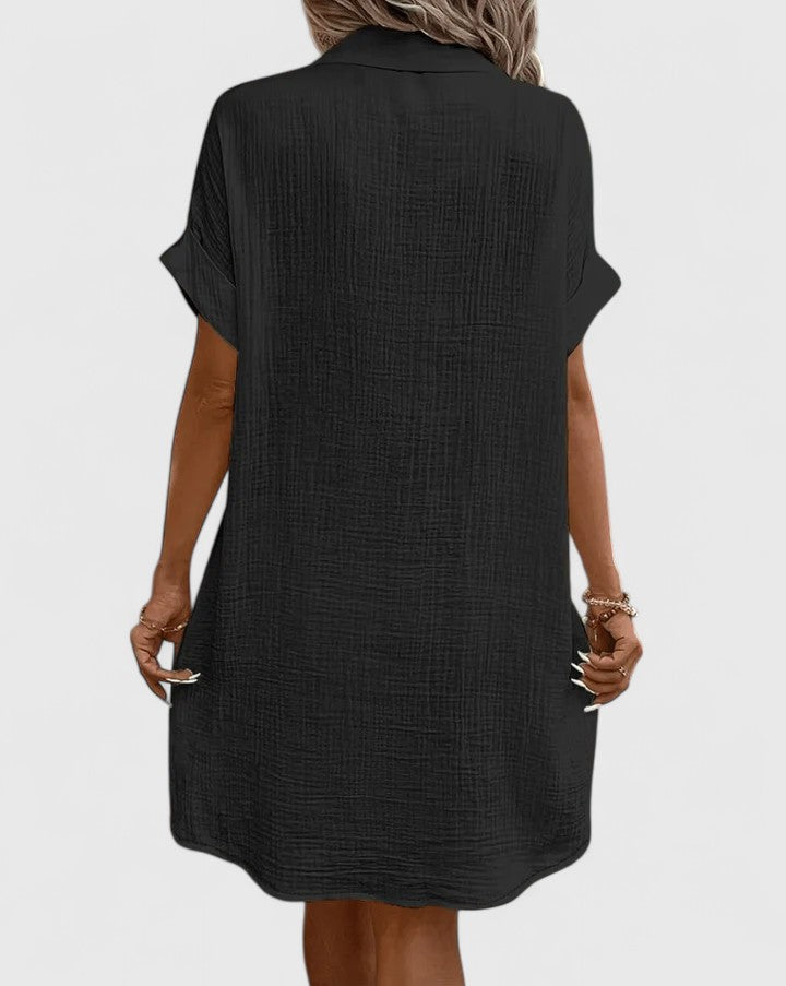 Womens Casual Cotton Gauze Shirt Dress - Short Sleeve Button-Down Midi Dress
