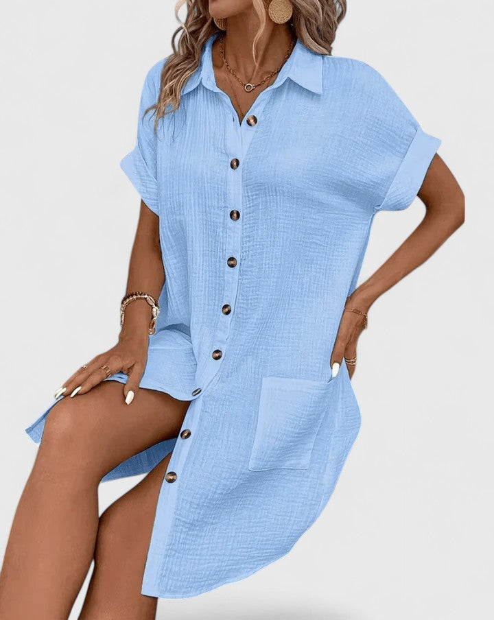 Womens Casual Cotton Gauze Shirt Dress - Short Sleeve Button-Down Midi Dress