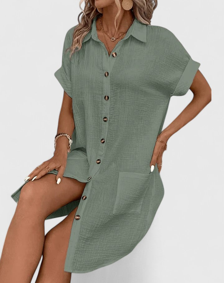 Womens Casual Cotton Gauze Shirt Dress - Short Sleeve Button-Down Midi Dress