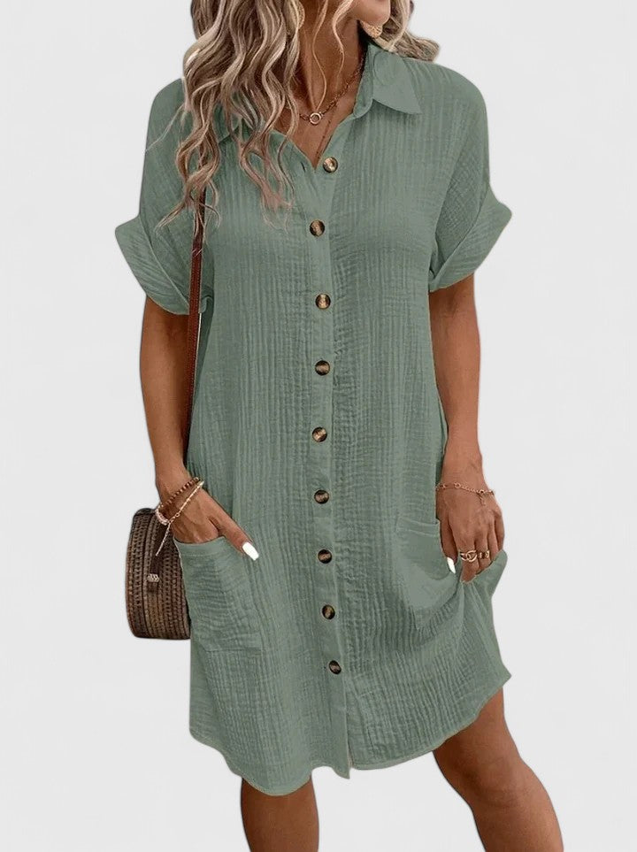 Womens Casual Cotton Gauze Shirt Dress - Short Sleeve Button-Down Midi Dress