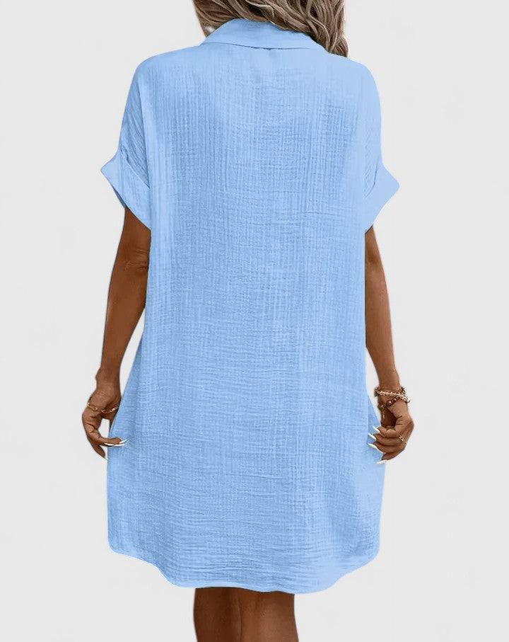 Womens Casual Cotton Gauze Shirt Dress - Short Sleeve Button-Down Midi Dress