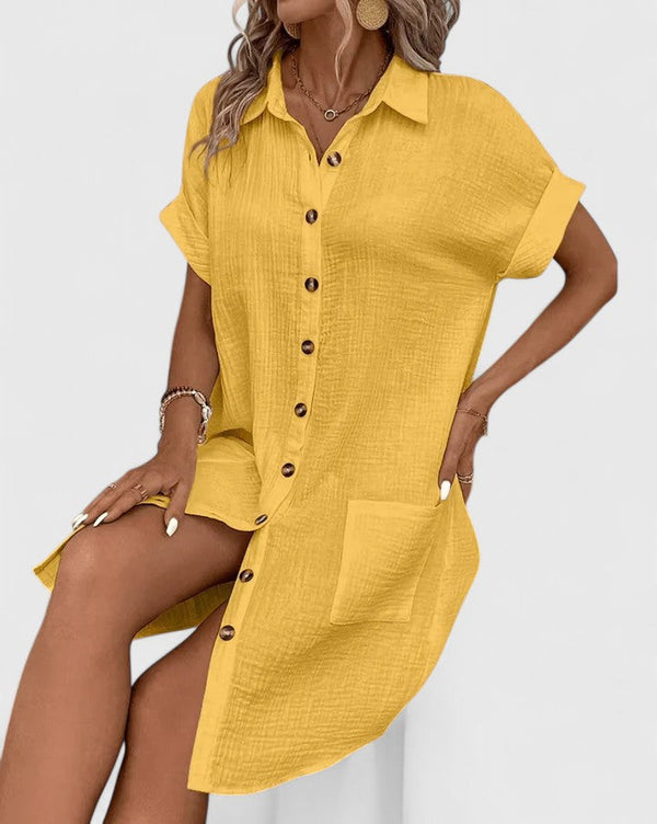 Womens Casual Cotton Gauze Shirt Dress - Short Sleeve Button-Down Midi Dress