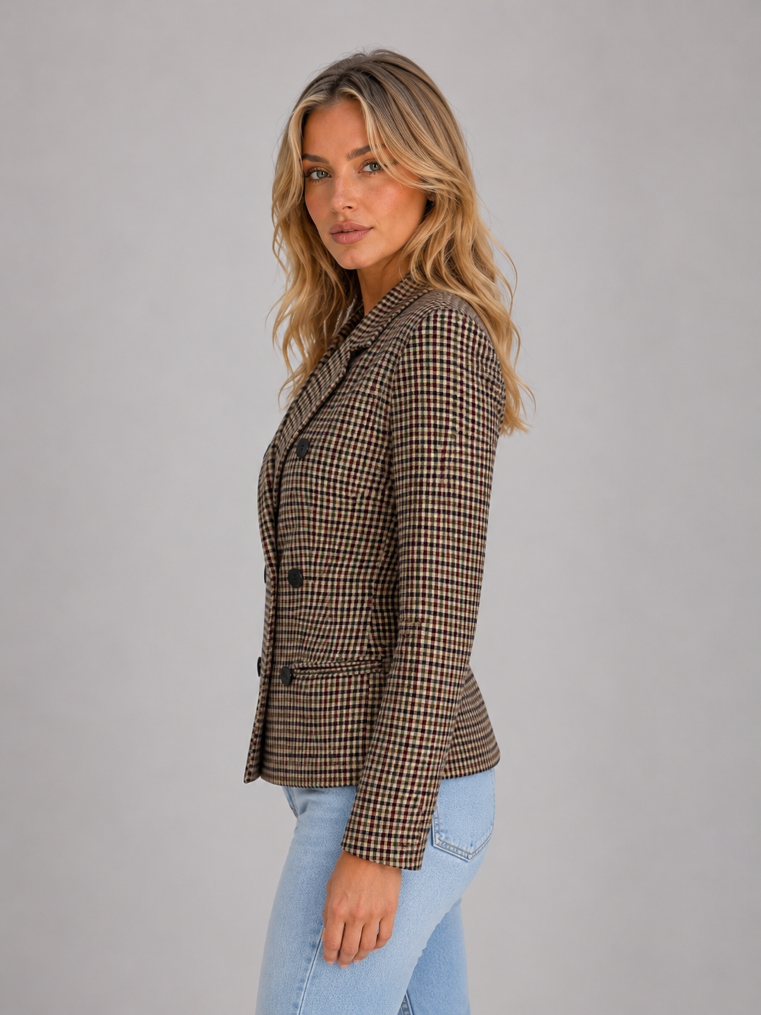 Women's Checked Blazer with Double Breasted Front