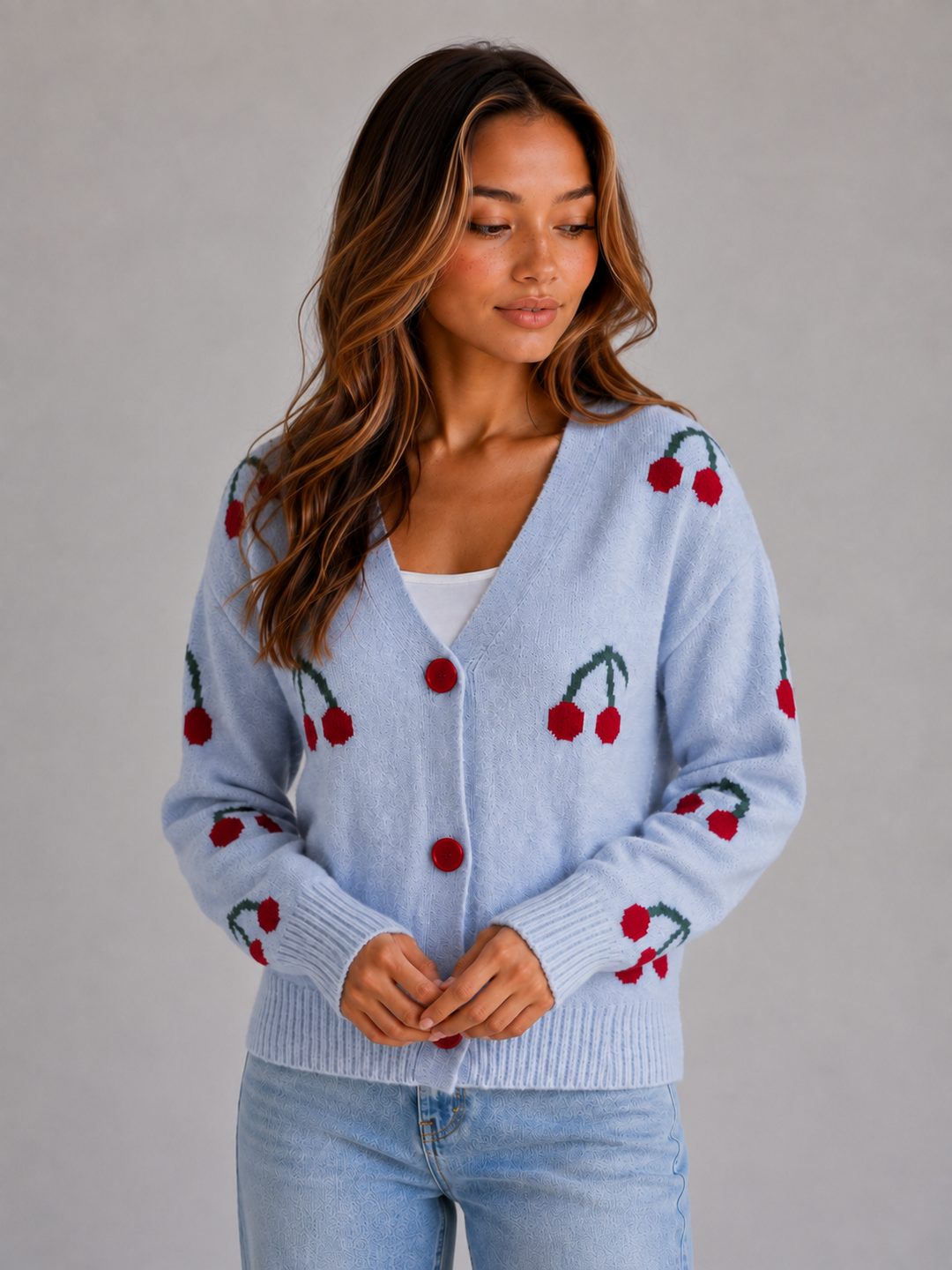 Women’s Cherry Print Cardigan with Button Fastening