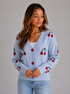 Women’s Cherry Print Cardigan with Button Fastening