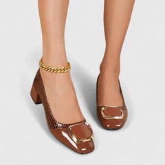 Women’s Croc-Embossed Block Heel Loafers with Chain