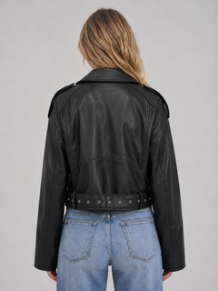 Women’s Cropped Moto Jacket with Belted Waist