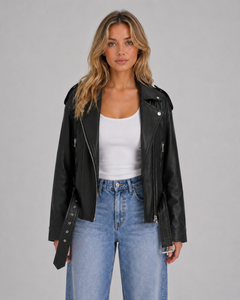 Women’s Cropped Moto Jacket with Belted Waist