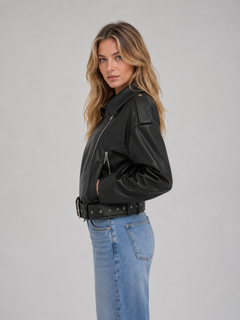 Women’s Cropped Moto Jacket with Belted Waist