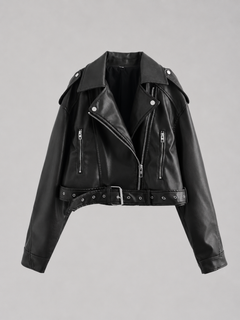 Women’s Cropped Moto Jacket with Belted Waist