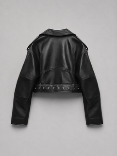 Women’s Cropped Moto Jacket with Belted Waist