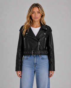 Women’s Cropped Moto Jacket with Belted Waist