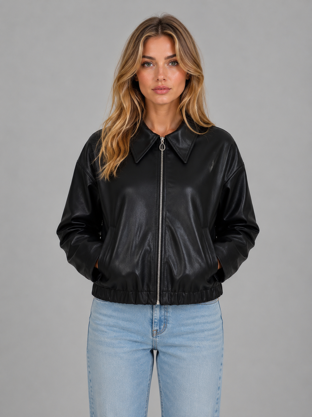Women's Cropped Zip Jacket with Pointed Collar Fit