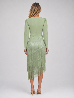 Women's Fringe Midi Dress with Deep V-Neckline