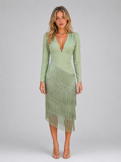 Women's Fringe Midi Dress with Deep V-Neckline