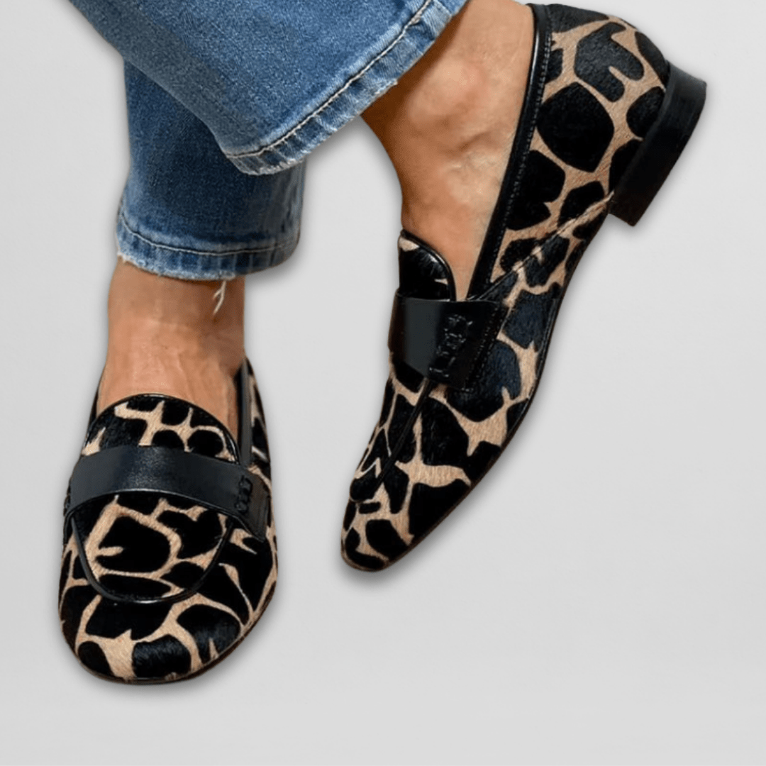 Women's Giraffe Print Calf Hair Loafers - Slip-On Leather Strap Penny Flat Shoes
