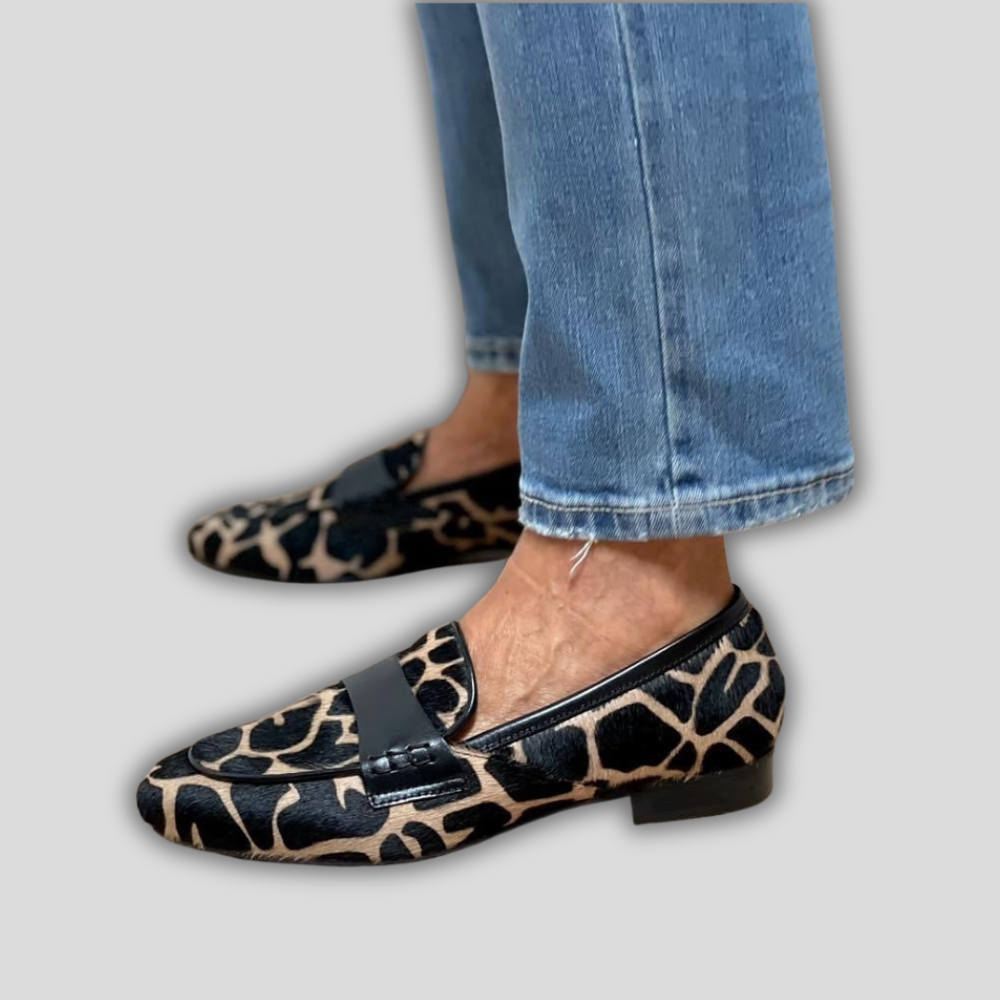 Women's Giraffe Print Calf Hair Loafers - Slip-On Leather Strap Penny Flat Shoes