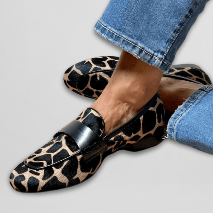 Women's Giraffe Print Calf Hair Loafers - Slip-On Leather Strap Penny Flat Shoes