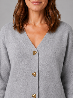 Women's Grey Knit Cardigan with Heart Buttons