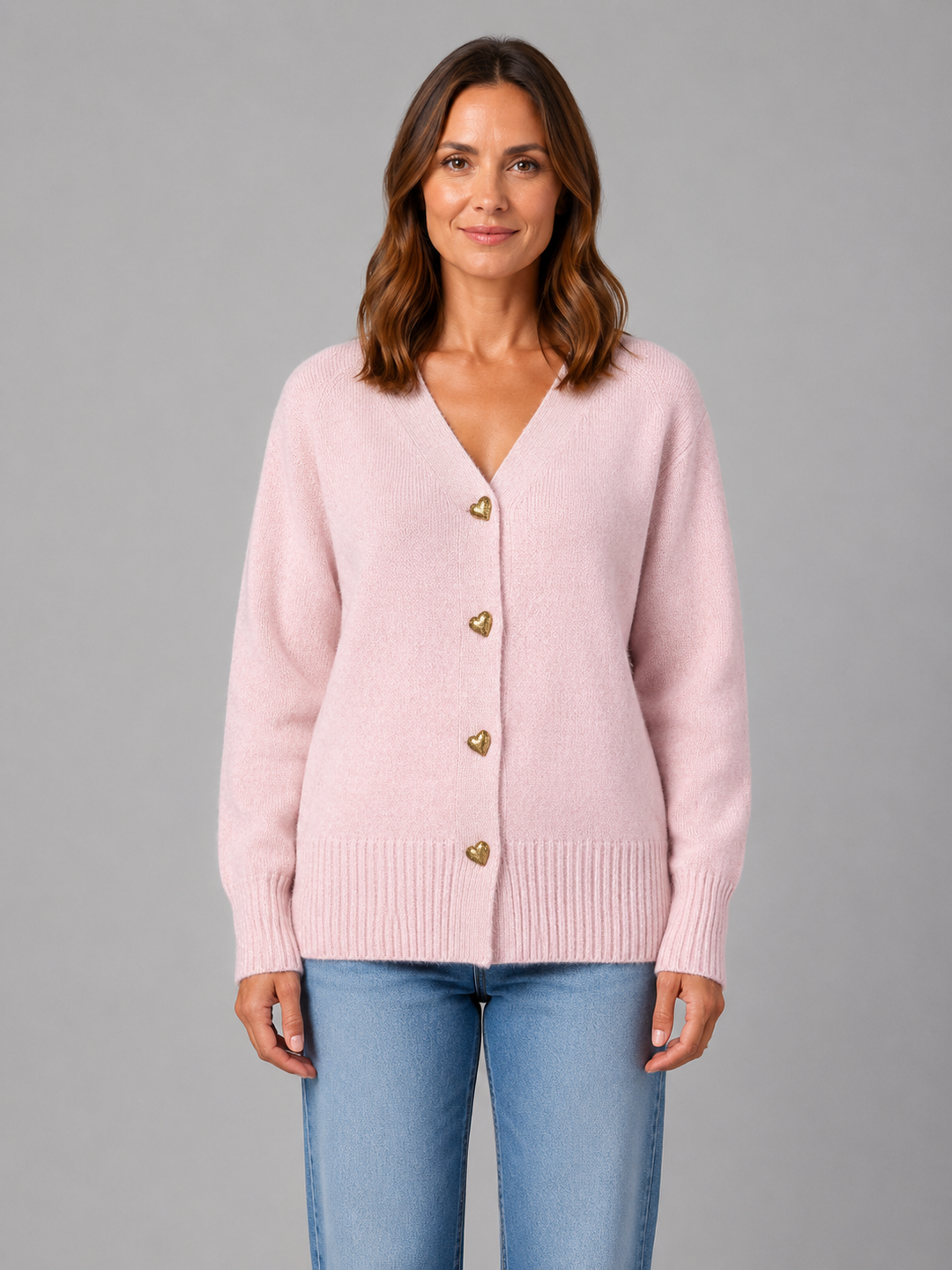 Women's Grey Knit Cardigan with Heart Buttons