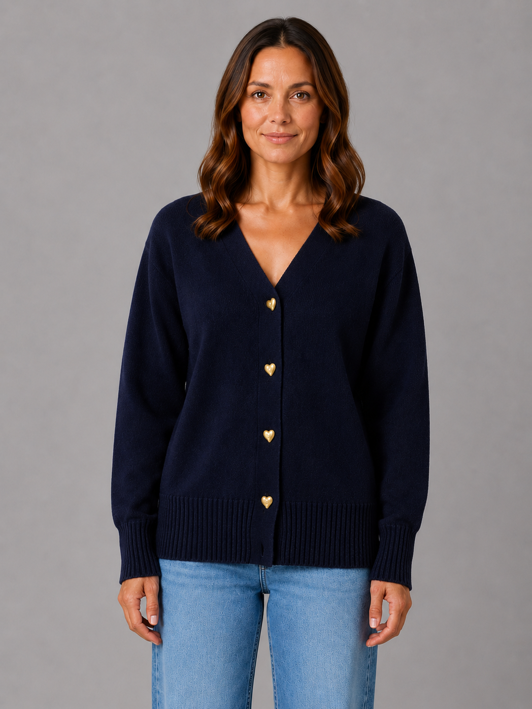 Women's Grey Knit Cardigan with Heart Buttons