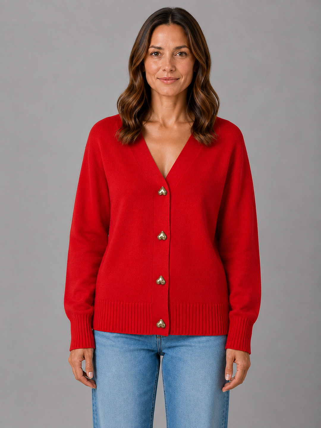 Women's Grey Knit Cardigan with Heart Buttons