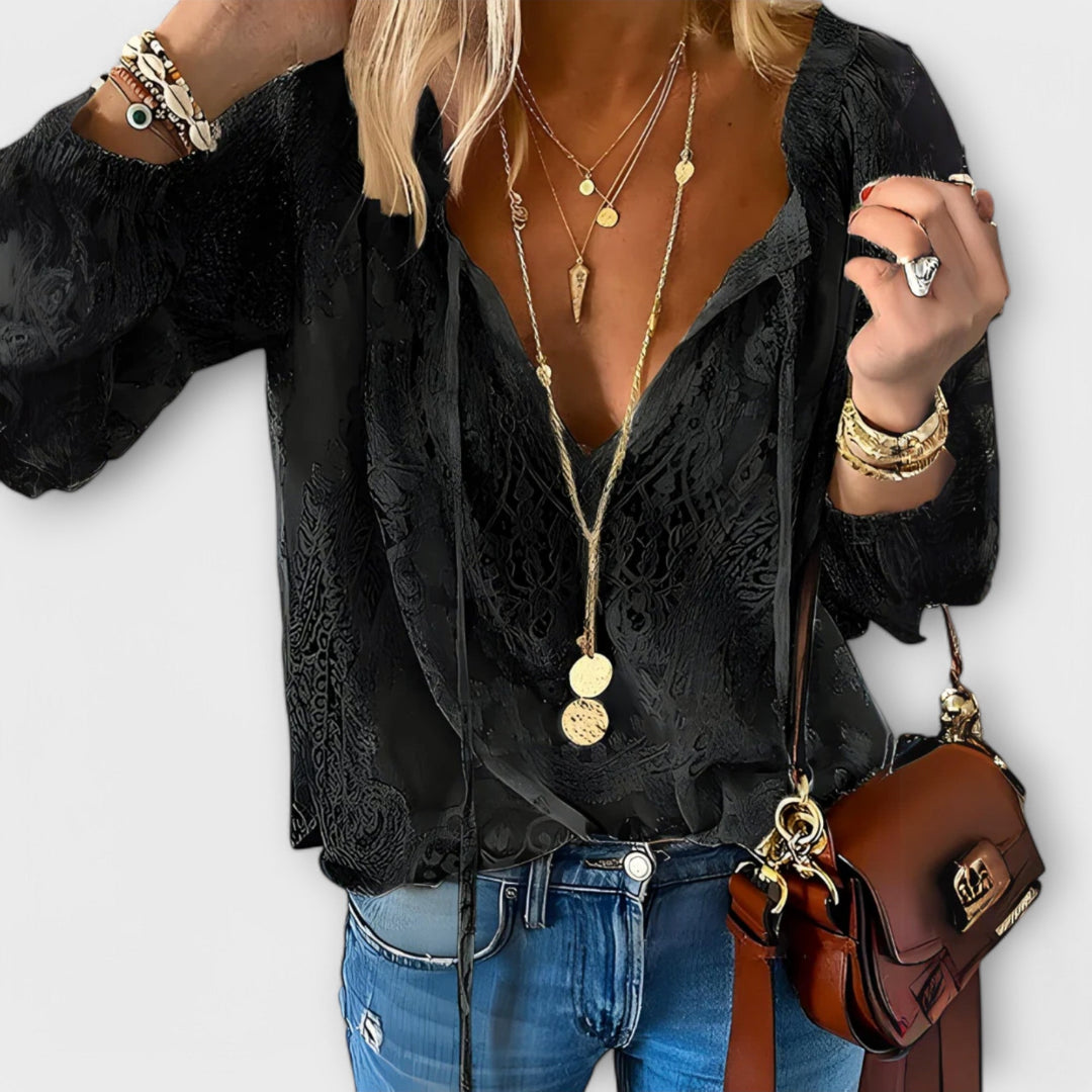 Women's Lace Boho Blouse - V-Neck Long Sleeve Top