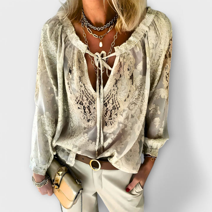 Women's Lace Boho Blouse - V-Neck Long Sleeve Top